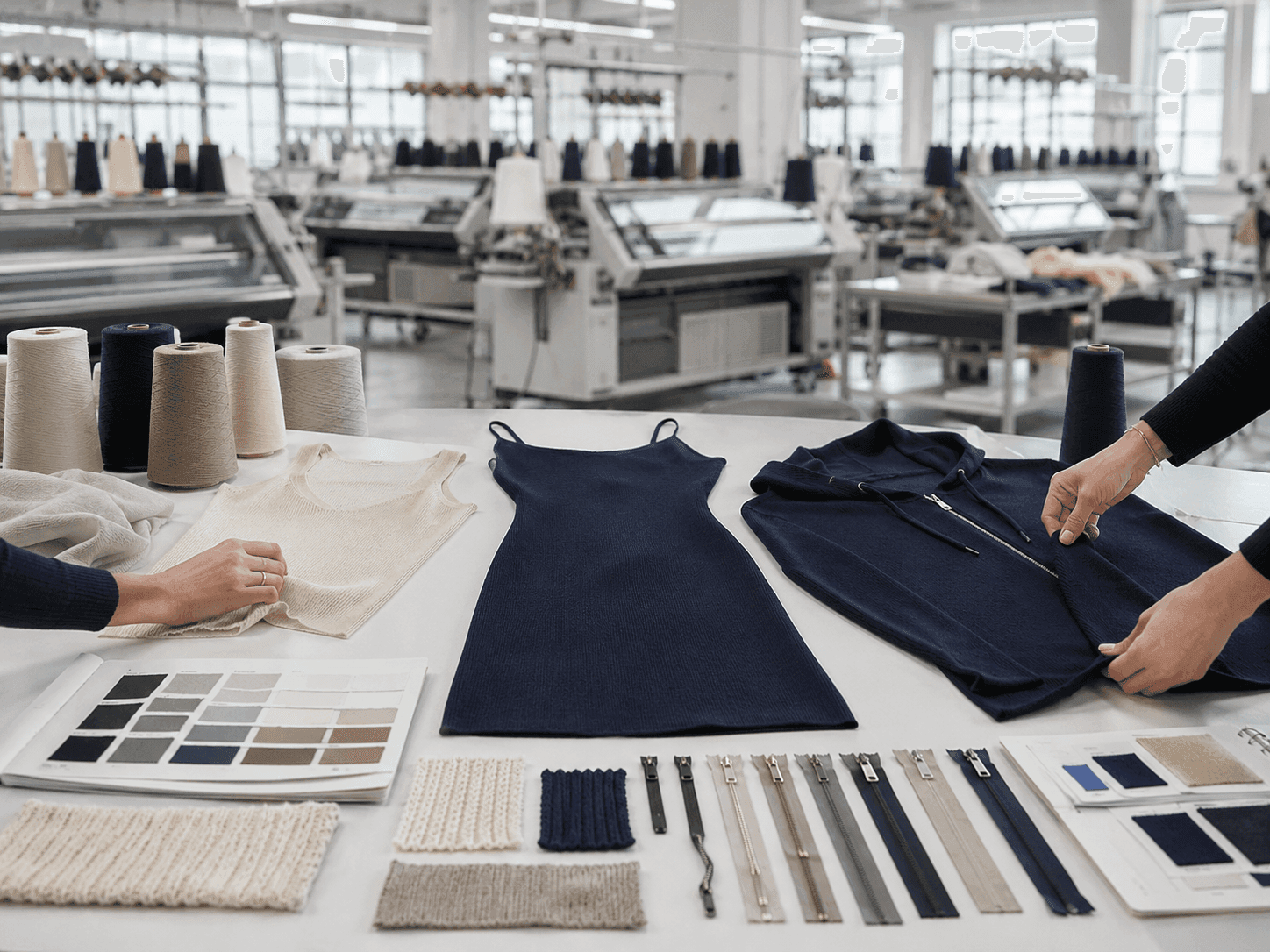 Knitting samples, yarns, and finished garments arranged in a development studio